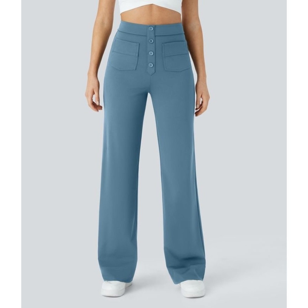 NWT Halara DayStretch High Waisted Pockets Straight Leg Casual Pants Warm Blue S